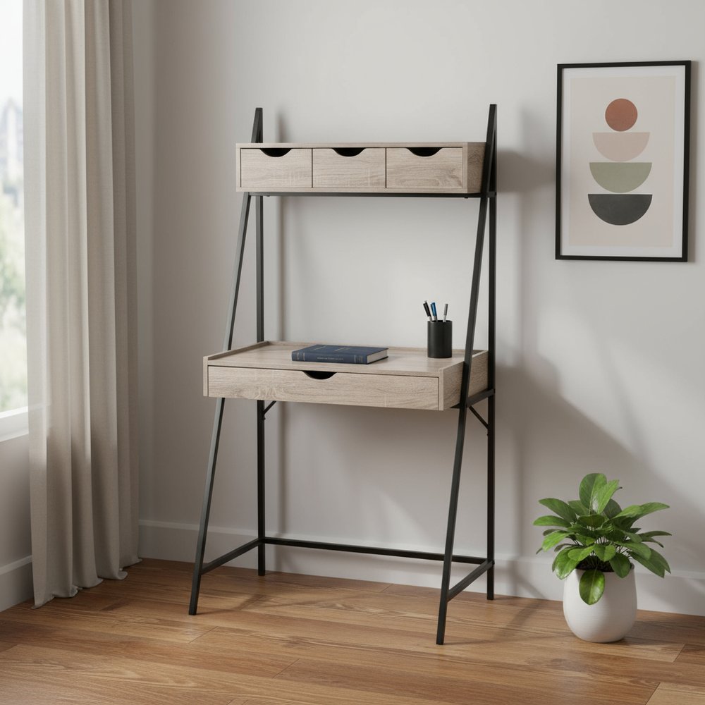 32" Taupe and Black Wood and Metal Sled Computer Desk With Four Drawers