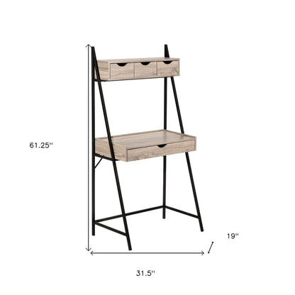32" Taupe and Black Wood and Metal Sled Computer Desk With Four Drawers
