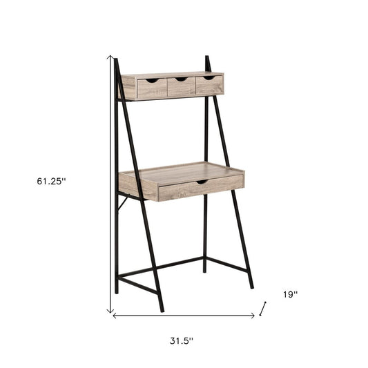 32" Taupe and Black Wood and Metal Sled Computer Desk With Four Drawers
