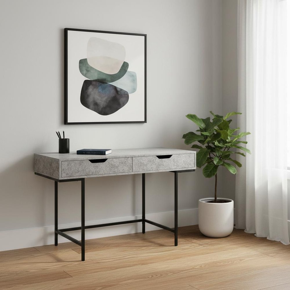 47" Gray and Black Wood and Metal H-Shape Computer Desk With Two Drawers
