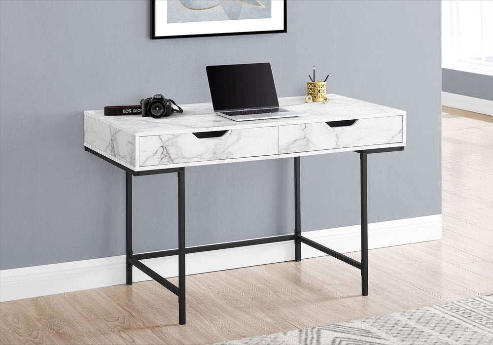 47" White and Black Wood and Metal H-Shape Computer Desk With Two Drawers