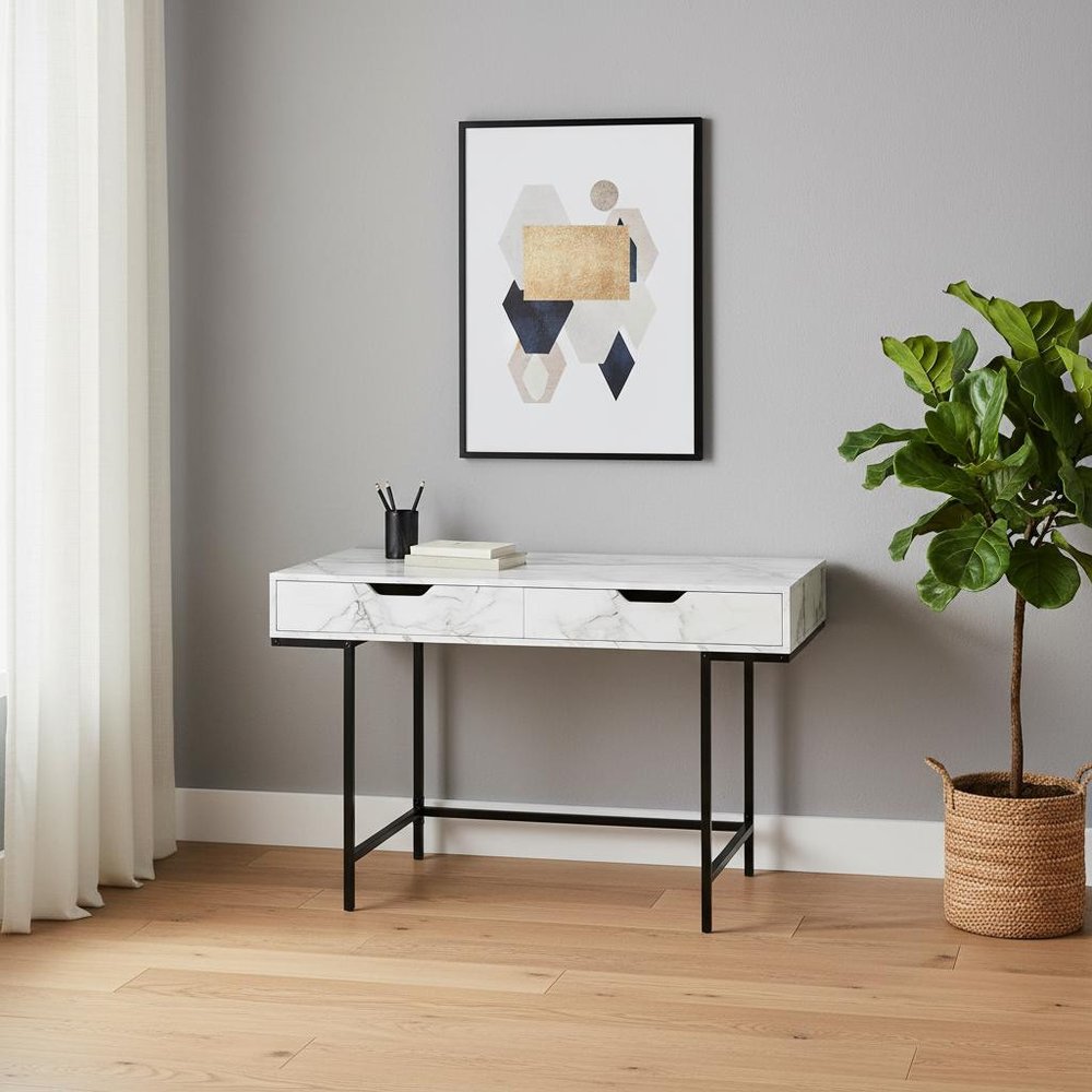 47" White and Black Wood and Metal H-Shape Computer Desk With Two Drawers