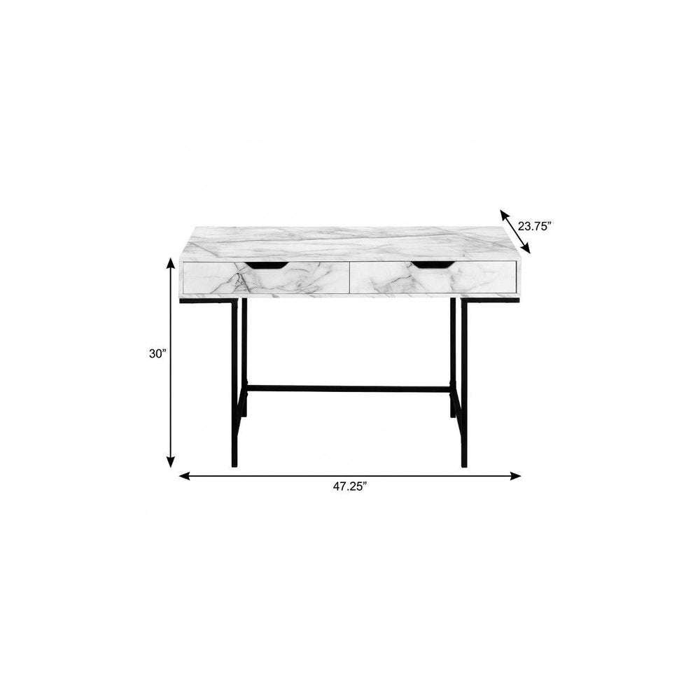 47" White and Black Wood and Metal H-Shape Computer Desk With Two Drawers