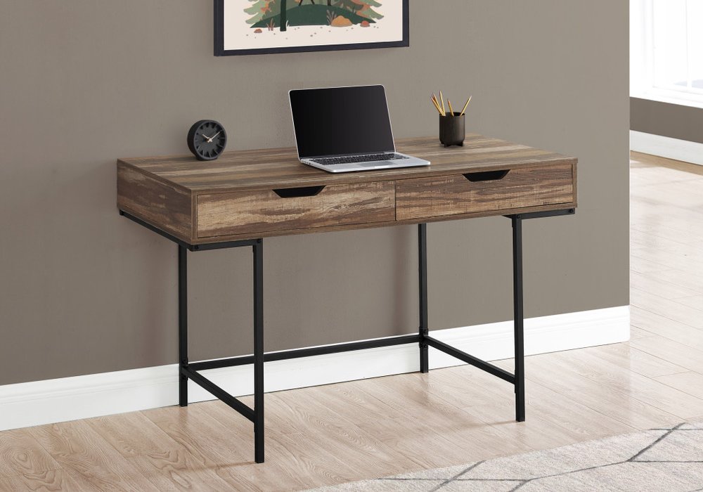 47" Brown and Black Wood and Metal H-Shape Computer Desk With Two Drawers