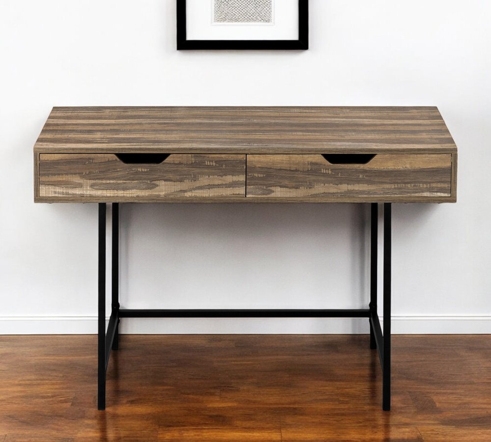 47" Brown and Black Wood and Metal H-Shape Computer Desk With Two Drawers