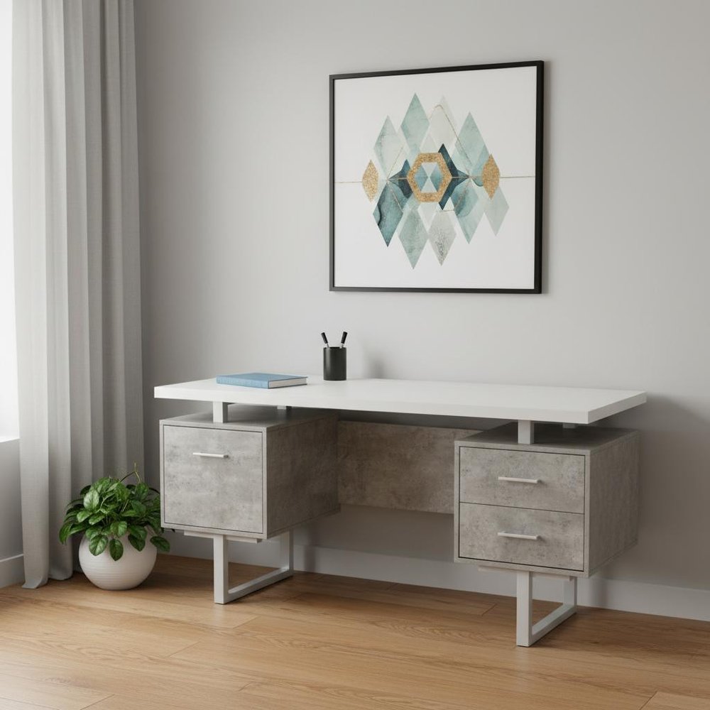 60" White and Gray Computer Desk With Three Drawers