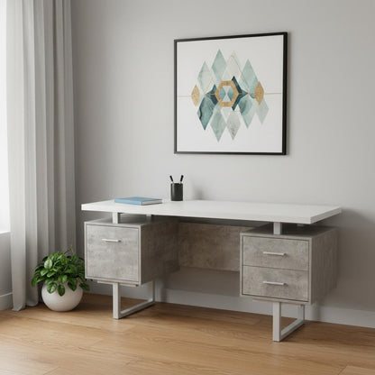 60" White and Gray Computer Desk With Three Drawers