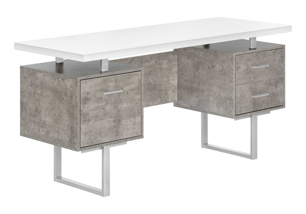 60" White and Gray Computer Desk With Three Drawers