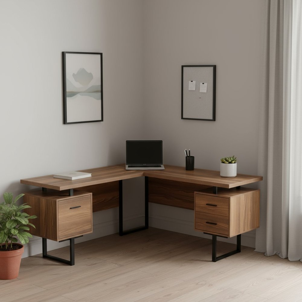 71" Brown and Black L Shape Computer Desk With Three Drawers