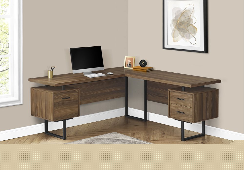 71" Brown and Black L Shape Computer Desk With Three Drawers