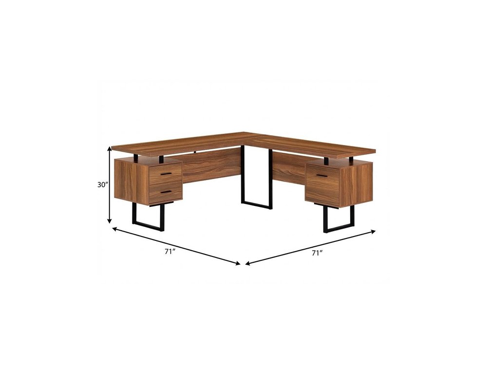 71" Brown and Black L Shape Computer Desk With Three Drawers