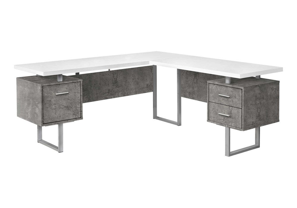 71" White and Gray L Shape Computer Desk With Three Drawers