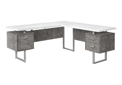 71" White and Gray L Shape Computer Desk With Three Drawers