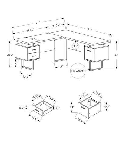 71" White and Gray L Shape Computer Desk With Three Drawers