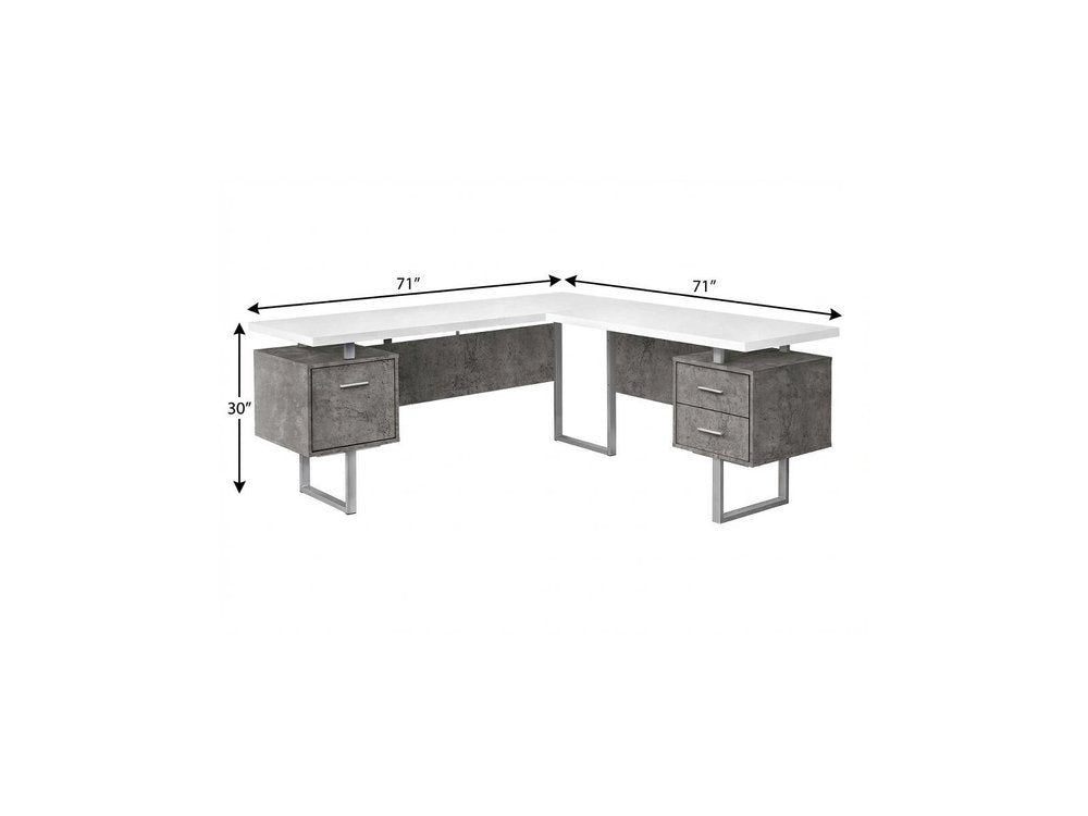 71" White and Gray L Shape Computer Desk With Three Drawers