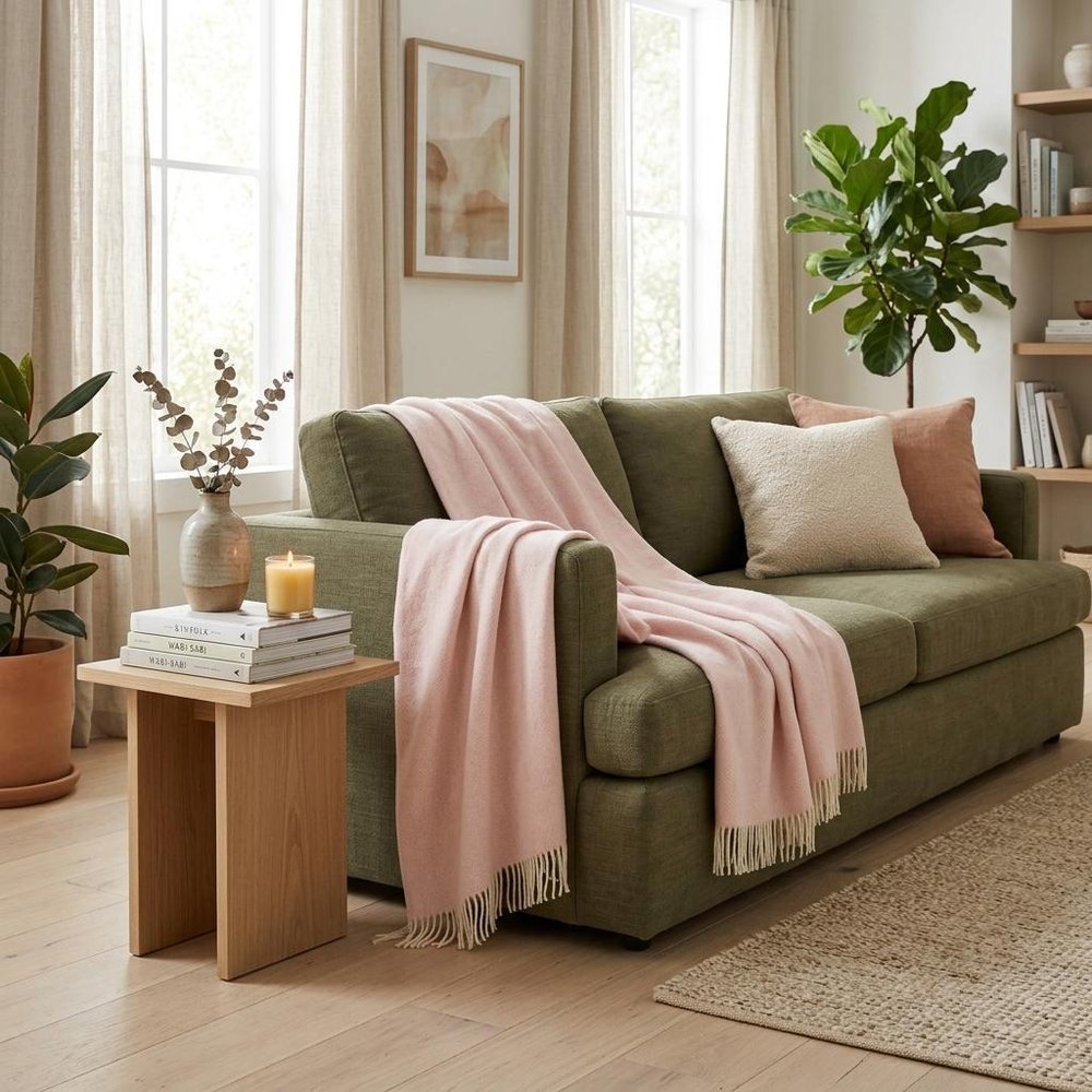 Pink Woven Wool Solid Color Reversable Throw