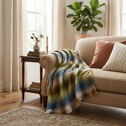 Blue And Green Woven Wool Plaid Reversable Throw