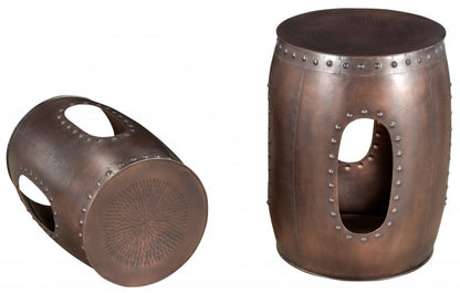 Set of Two Copper Iron Round Drum End Tables