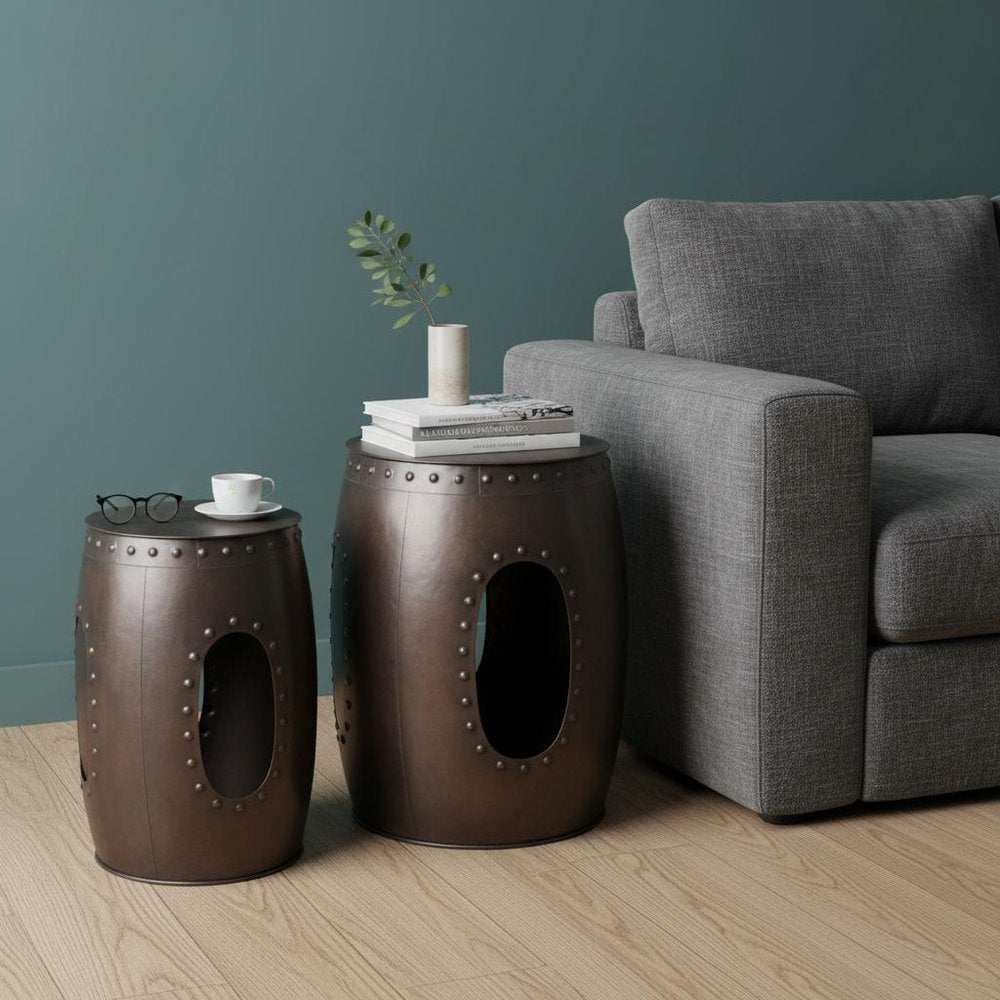 Set of Two Copper Iron Round Drum End Tables