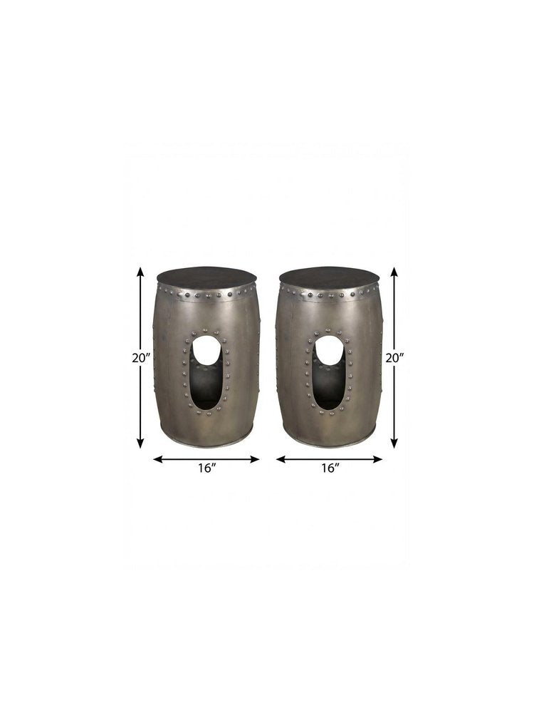 Set of Two Nickel Iron Round Drum End Tables