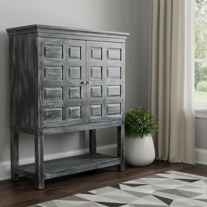 40" Distressed Wash Dark Gray Solid Wood Two Door Accent Cabinet