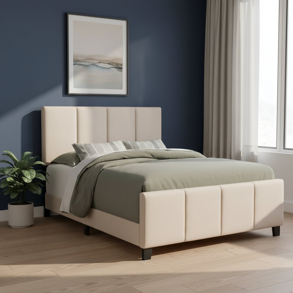 Beige and Black Tufted Linen Queen Bed Frame