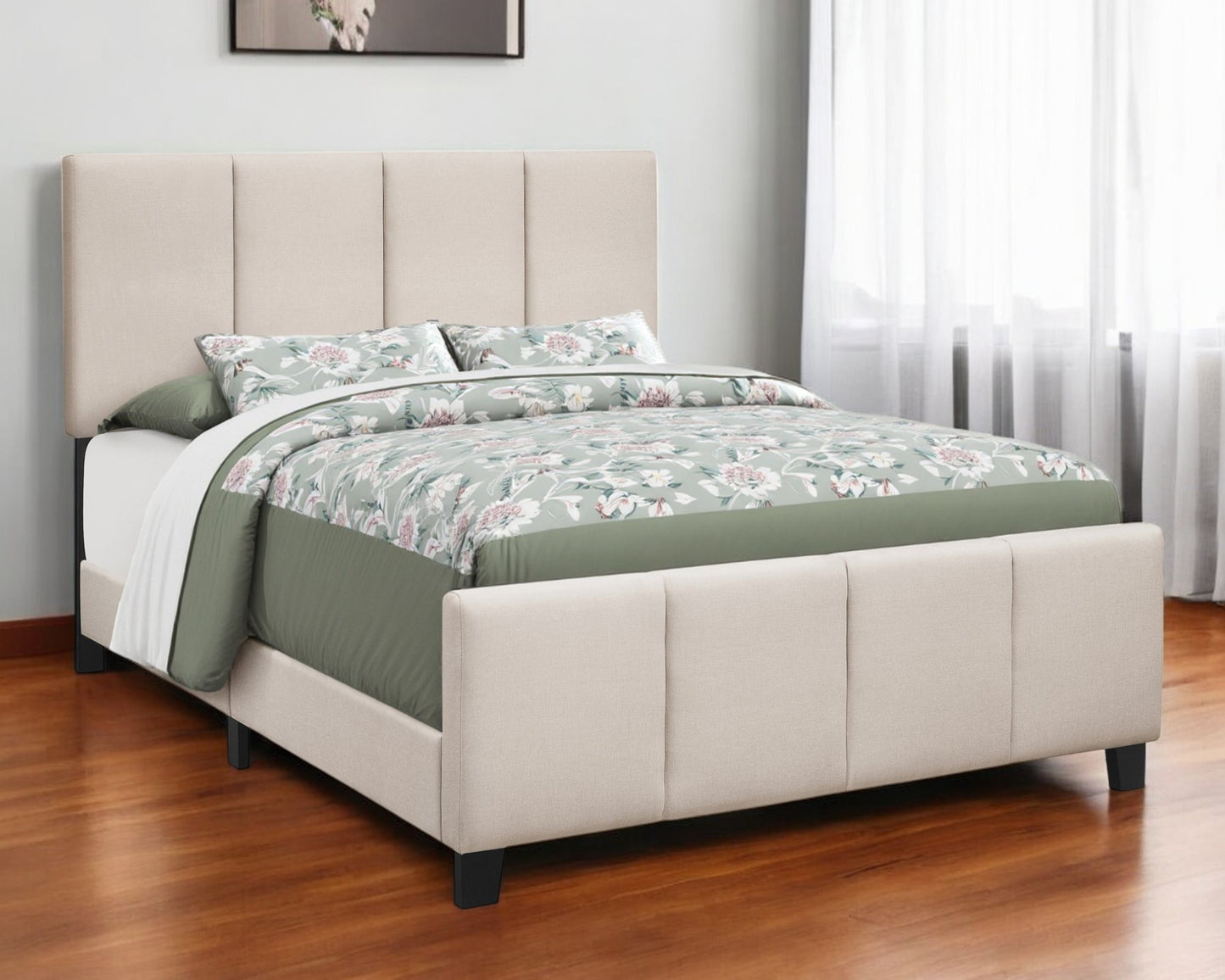 Beige and Black Tufted Linen Queen Bed Frame