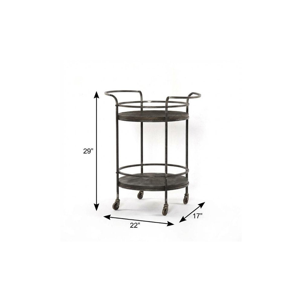 Dark Gray Iron And Solid Wood Round Rolling Bar Cart