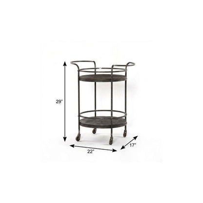 Dark Gray Iron And Solid Wood Round Rolling Bar Cart