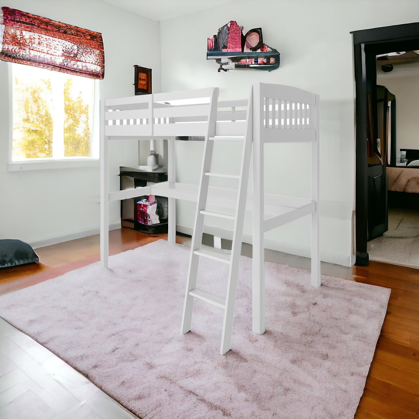 White Solid Wood Full Double Size Loft Bed with Desk and Storage