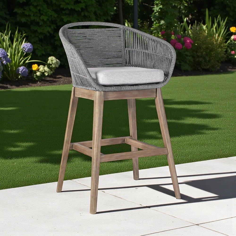 43" Gray Solid Wood Low back Outdoor Bar Height chair with Footrest