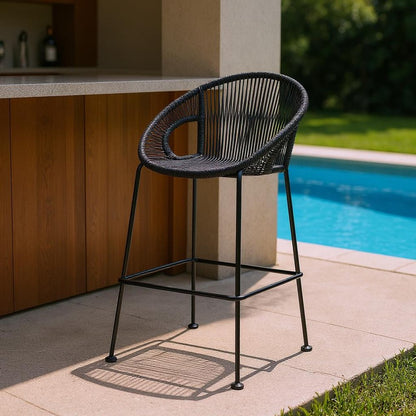 40" Black Metal Low back Outdoor Counter Height Bar chair with Footrest