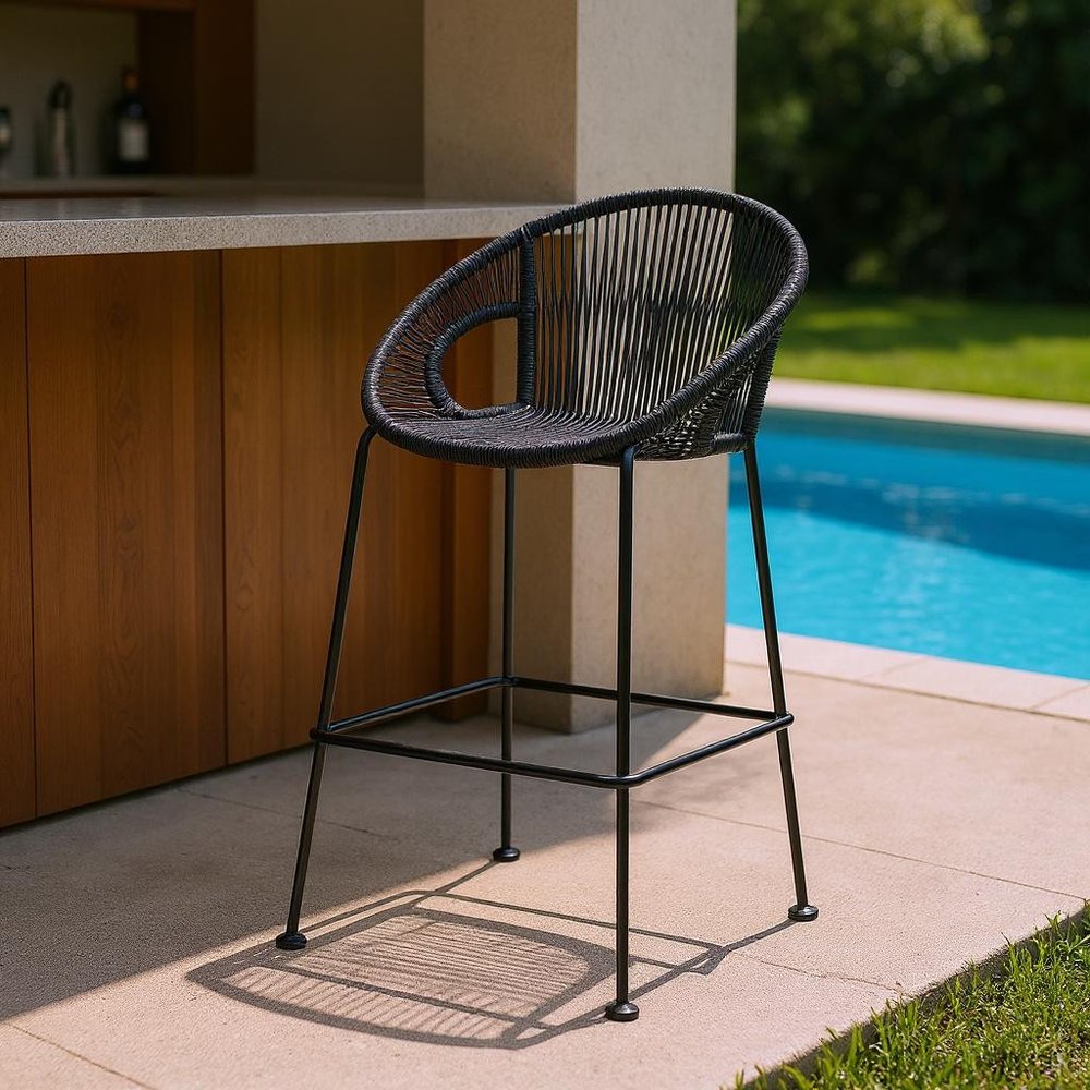 40" Black Metal Low back Outdoor Counter Height Bar chair with Footrest