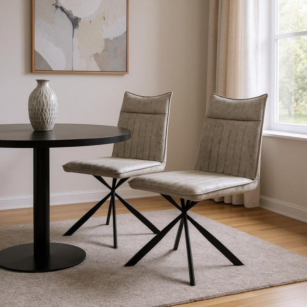 Set of Two Tufted Taupe And Black Upholstered Faux Leather Dining Parsons Chairs