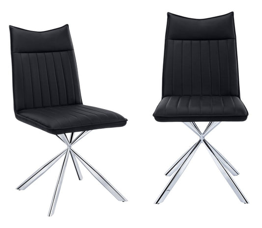 Set of Two Tufted Black And Silver Upholstered Faux Leather Dining Parsons Chairs