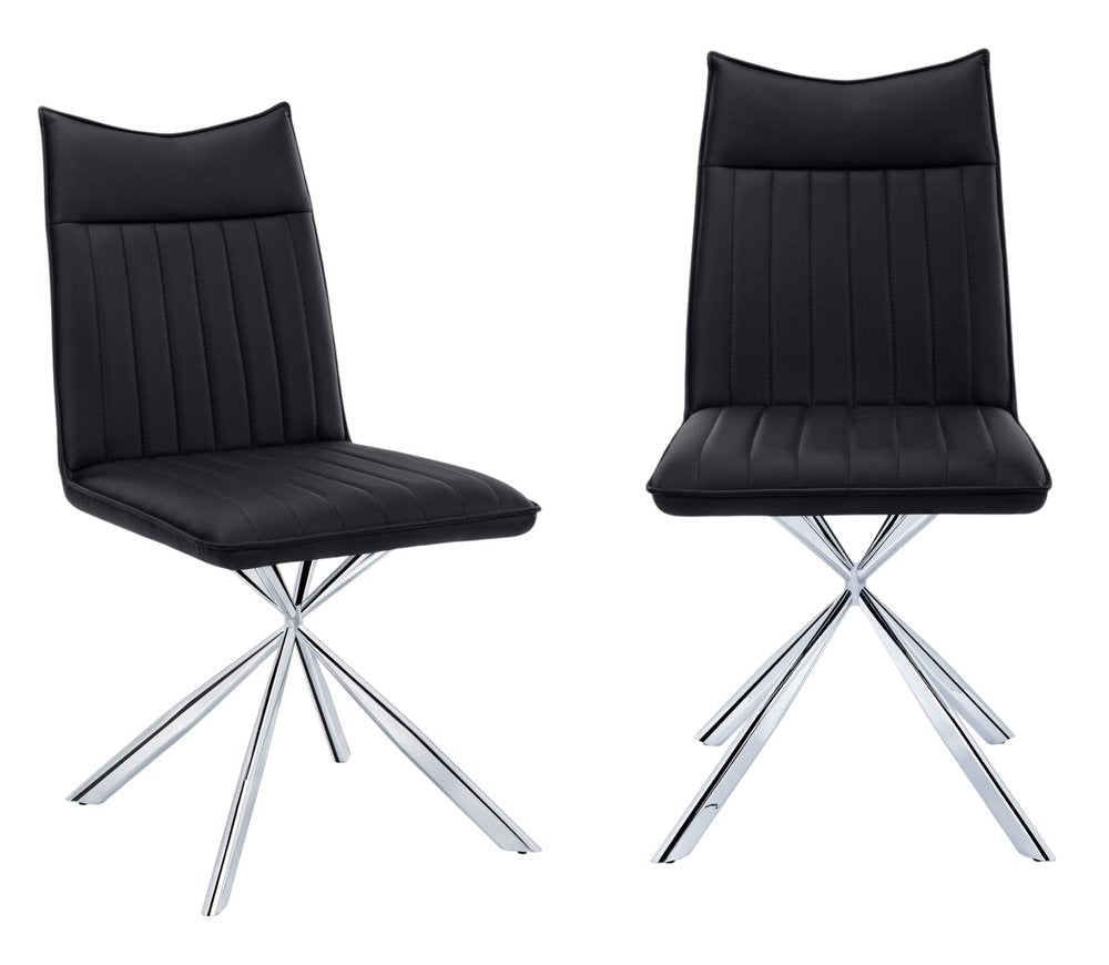 Set of Two Tufted Black And Silver Upholstered Faux Leather Dining Parsons Chairs