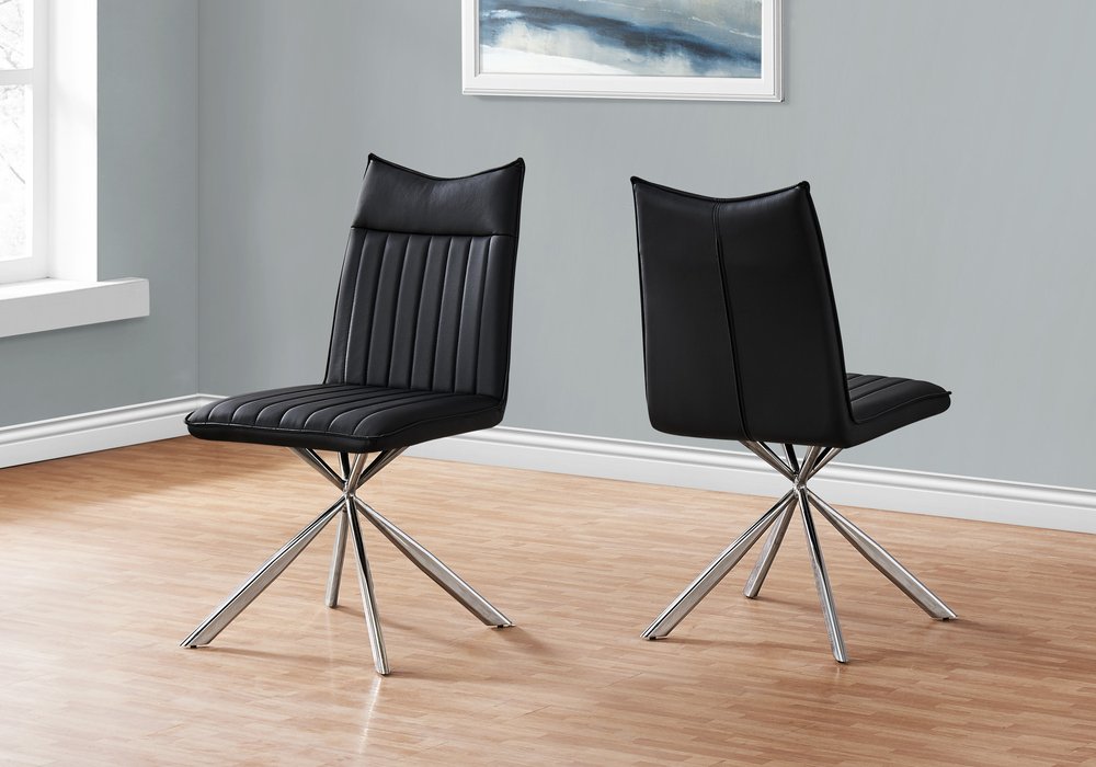 Set of Two Tufted Black And Silver Upholstered Faux Leather Dining Parsons Chairs