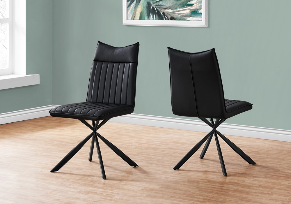 Set of Two Tufted Black Upholstered Faux Leather Dining Parsons Chairs