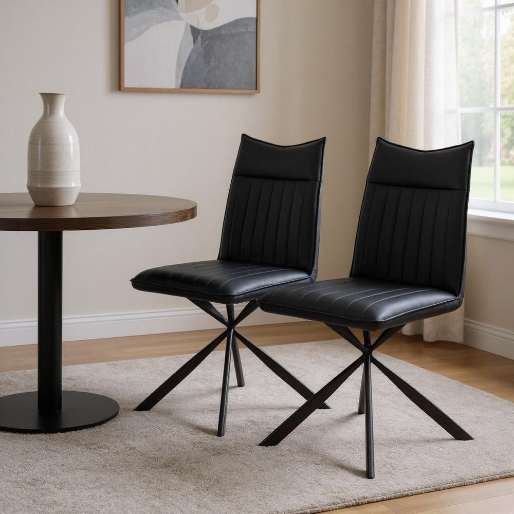 Set of Two Tufted Black Upholstered Faux Leather Dining Parsons Chairs