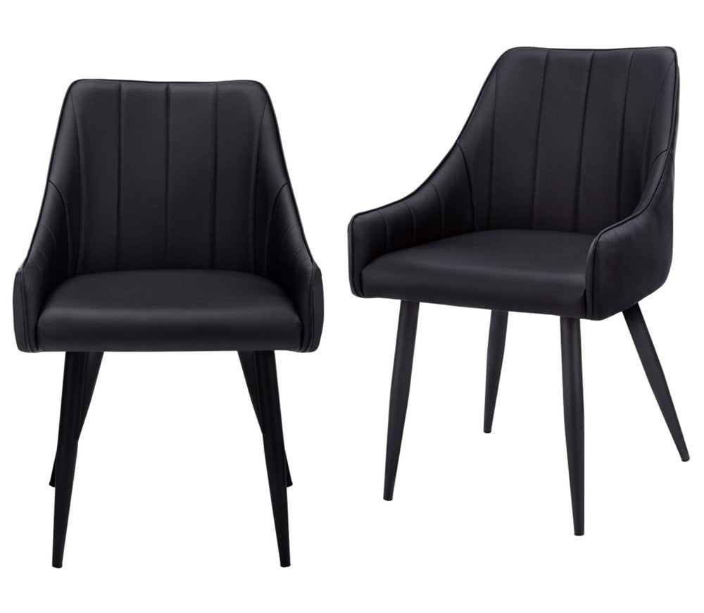 Set of Two Tufted Black Upholstered Faux Leather Dining Arm Chairs