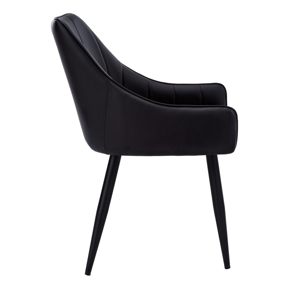 Set of Two Tufted Black Upholstered Faux Leather Dining Arm Chairs