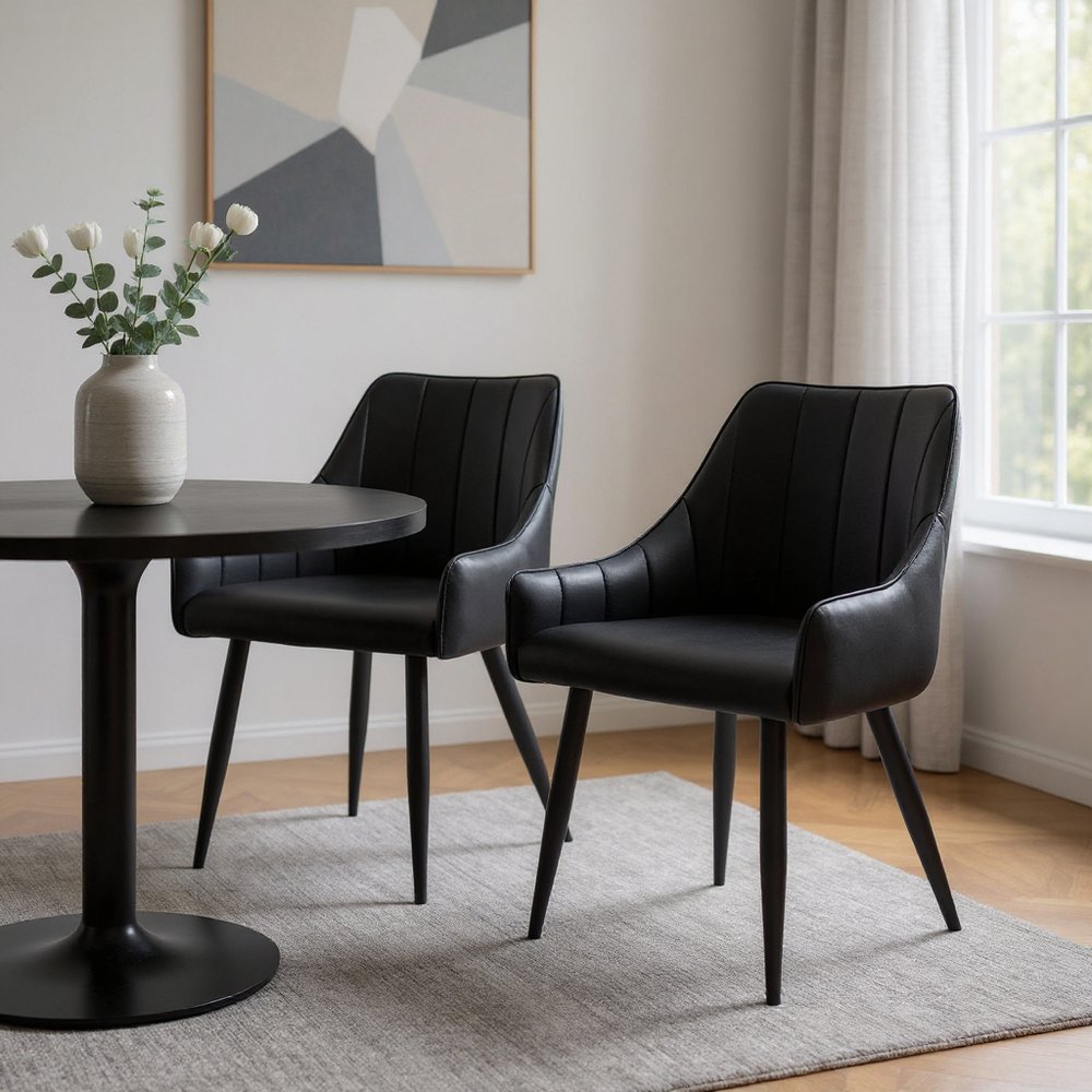 Set of Two Tufted Black Upholstered Faux Leather Dining Arm Chairs