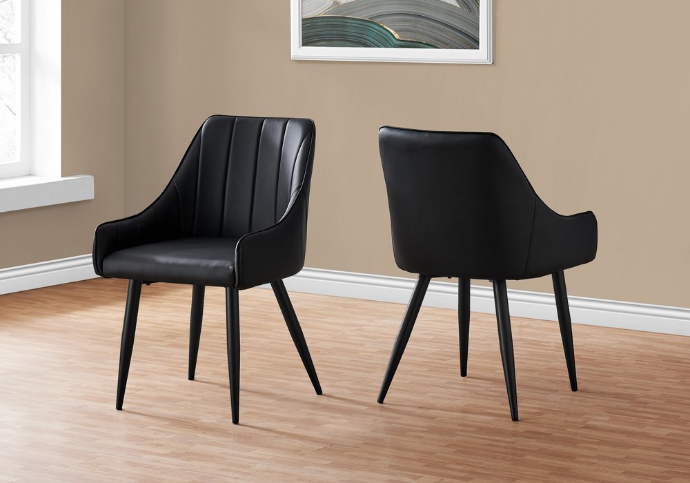 Set of Two Tufted Black Upholstered Faux Leather Dining Arm Chairs