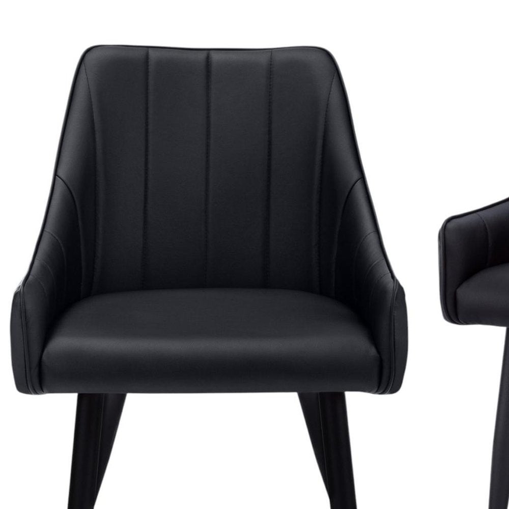 Set of Two Tufted Black Upholstered Faux Leather Dining Arm Chairs