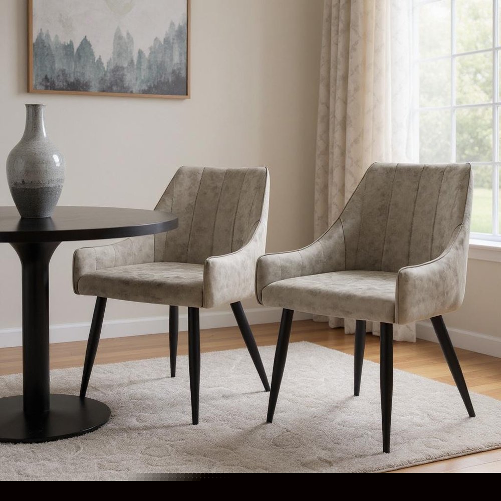 Set of Two Tufted Taupe And Black Upholstered Fabric Dining Arm Chairs