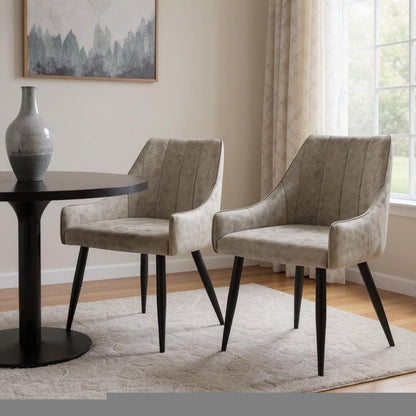 Set of Two Tufted Taupe And Black Upholstered Fabric Dining Arm Chairs