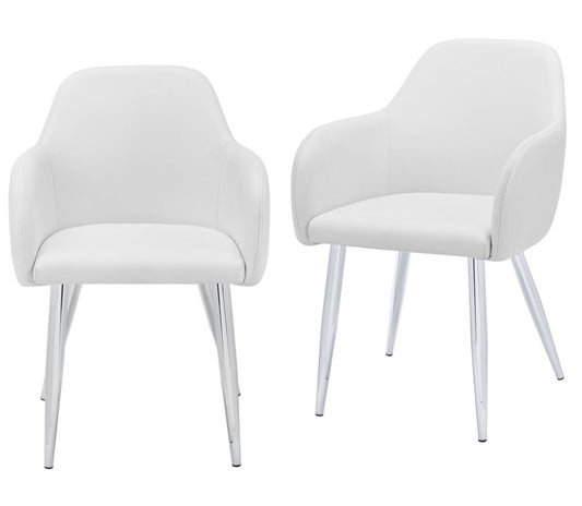 Set of Two White And Silver Upholstered Faux Leather Dining Arm Chairs