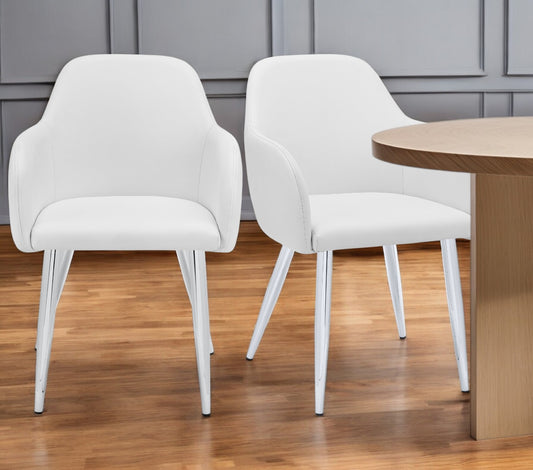 Set of Two White And Silver Upholstered Faux Leather Dining Arm Chairs