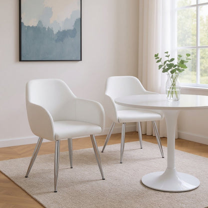 Set of Two White And Silver Upholstered Faux Leather Dining Arm Chairs