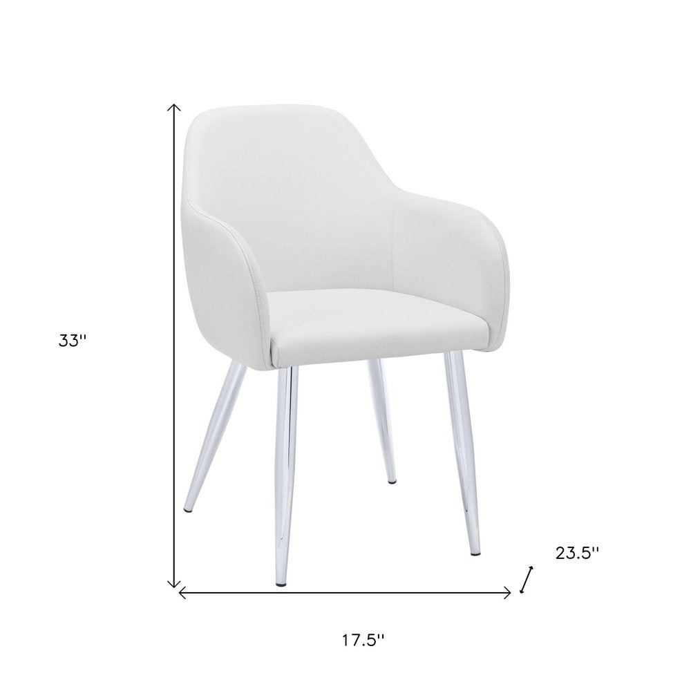 Set of Two White And Silver Upholstered Faux Leather Dining Arm Chairs